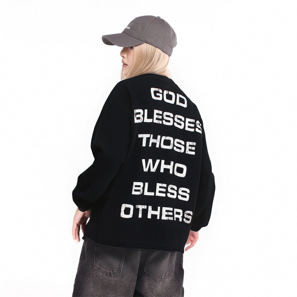 Oversized Long Sleeve T-Shirt with Red Cross & Letter Print, Waffle-Knit