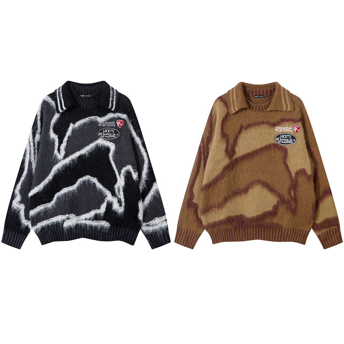 Abstract Camo Jacquard Polo Collar Knit Sweater – Oversized Streetwear Pullover
