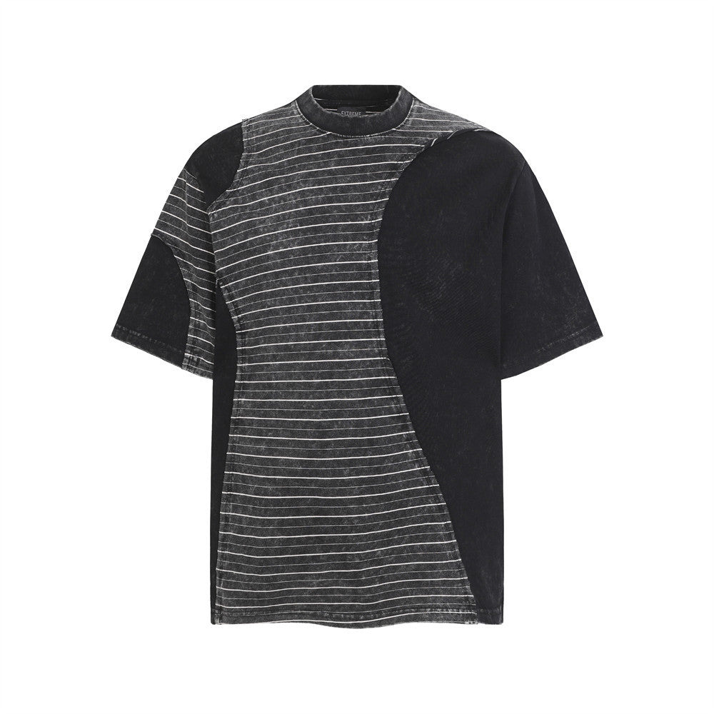 Irregular Patchwork Stripe Oversized T-Shirt | Vintage Acid Wash Retro Tee
