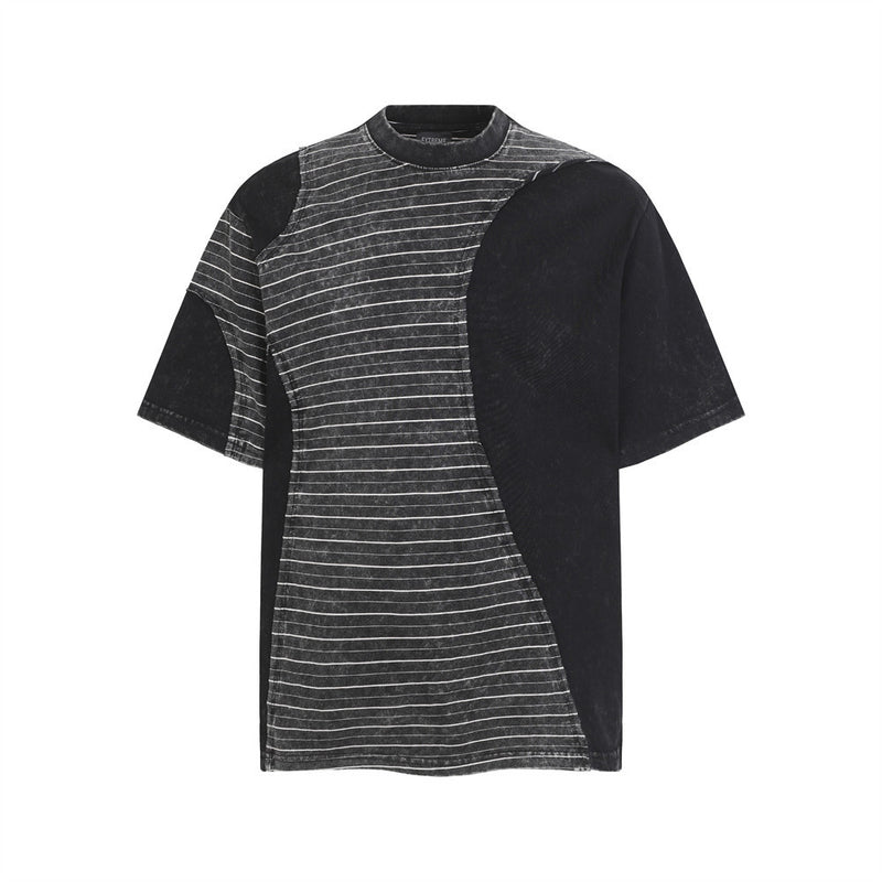 Irregular Patchwork Stripe Oversized T-Shirt | Vintage Acid Wash Retro Tee