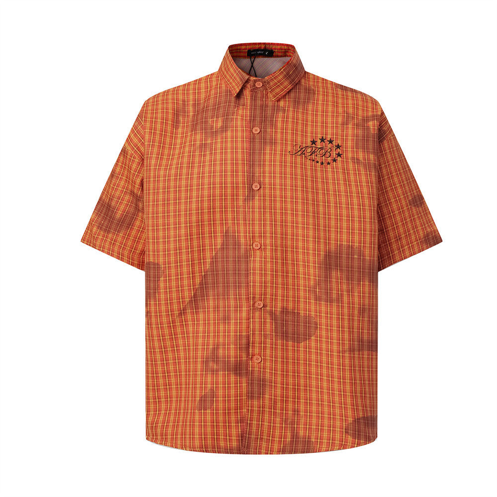 Oversized plaid short-sleeve shirt with tie-dye distressed wash and embroidered chest logo in orange colorway