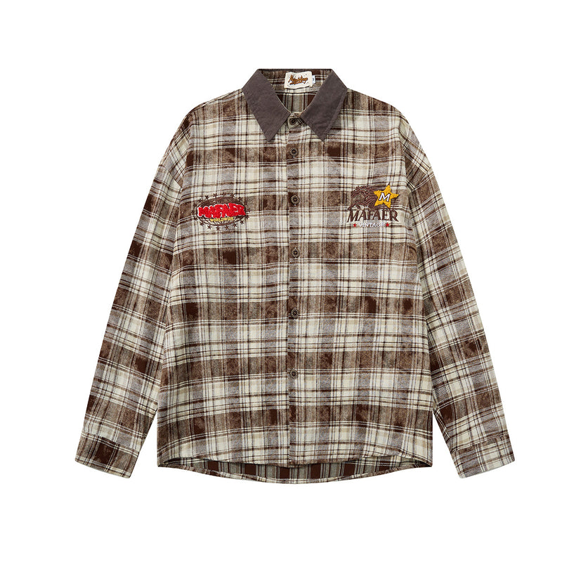 Mafaer Vintage oversized plaid flannel shirt jacket with embroidered chest graphics and contrasting corduroy collar in washed