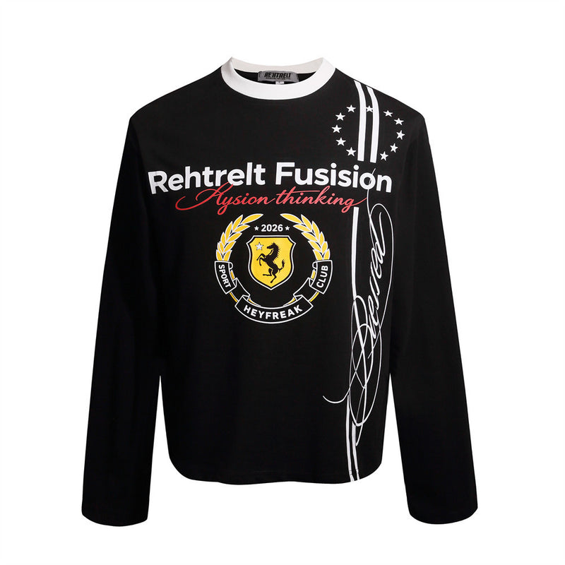Men's Graphic Long-Sleeve T-Shirt – Varsity Crest & Letter Print, Crew Neck