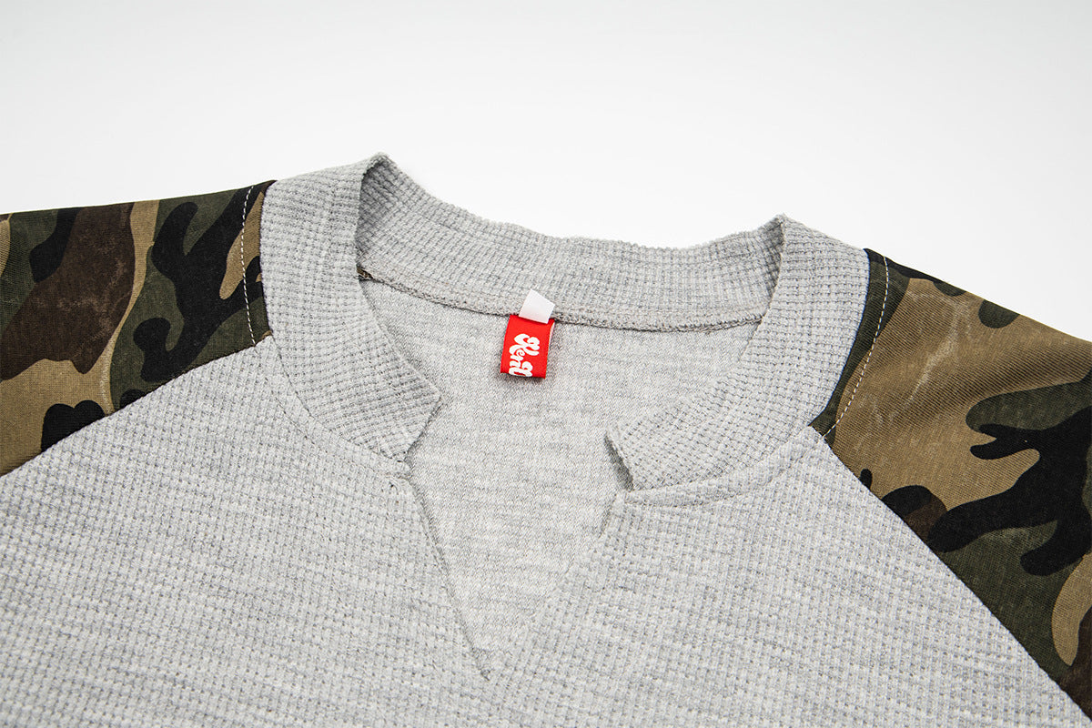 American Flag Camo Raglan Long-Sleeve Shirt – Waffle Knit Body, V-Notch Neck
