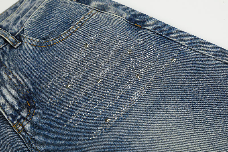 Jean baggy taille haute – Denim barrel à jambes larges avec étoiles en strass