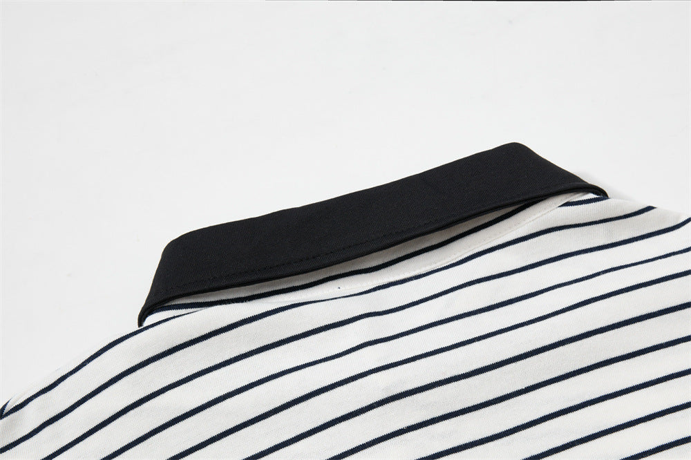 Striped Long Sleeve Shirt Mens Polo — Varsity Embroidery, Relaxed Fit