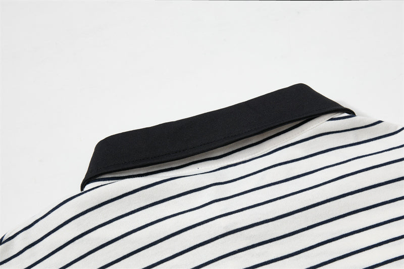 Striped Long Sleeve Shirt Mens Polo — Varsity Embroidery, Relaxed Fit