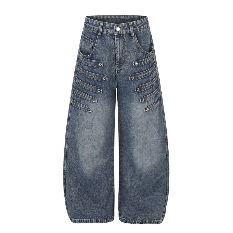 Baggy Wide-Leg Jeans Men – Distressed Denim with Double-Row Stud Detail