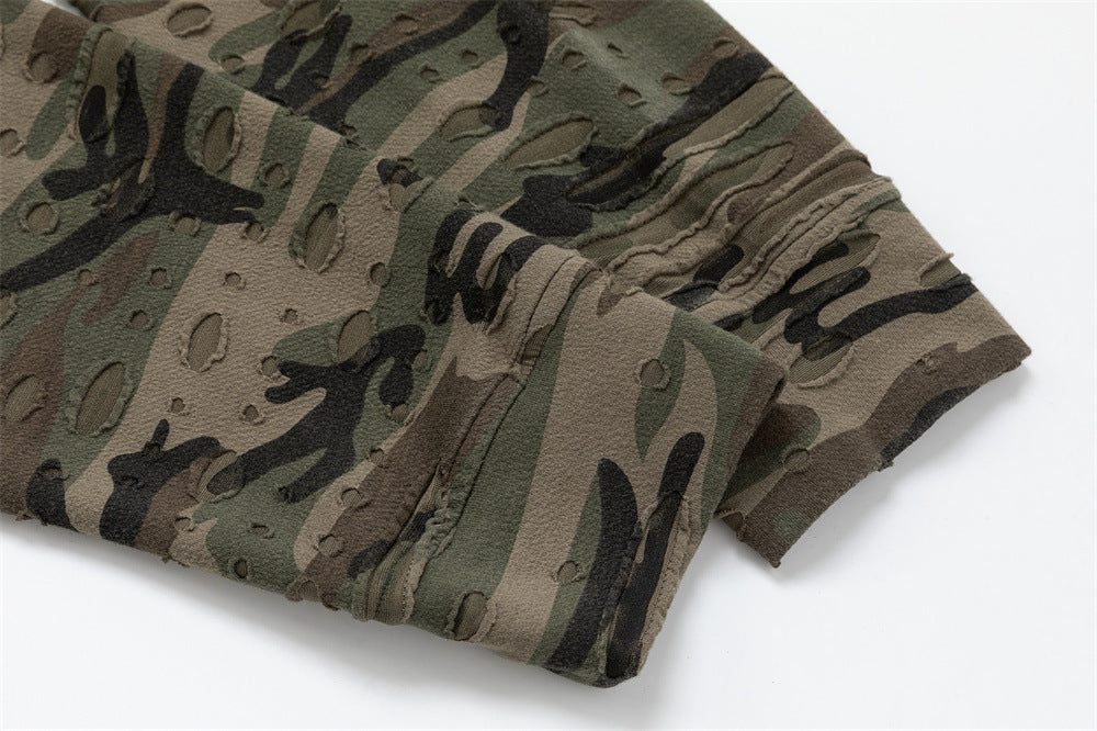 Oversized Faux-Layer Long Sleeve Tee with Camo Splice & Distressed Washed Print
