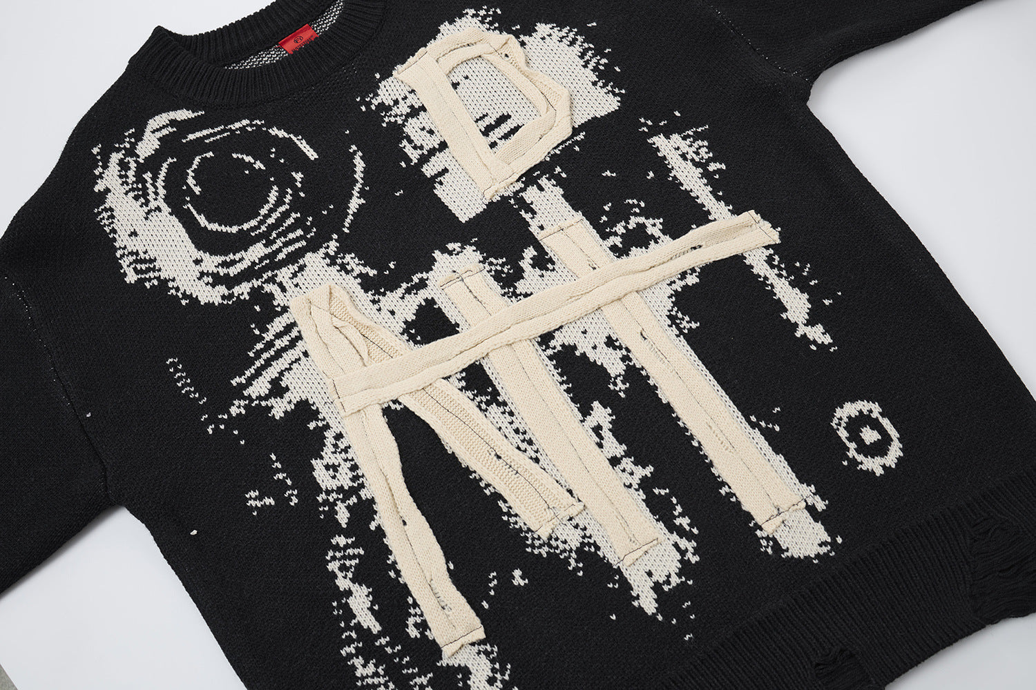 Pull en maille graphique effet usé – Col rond streetwear américain avec appliqué