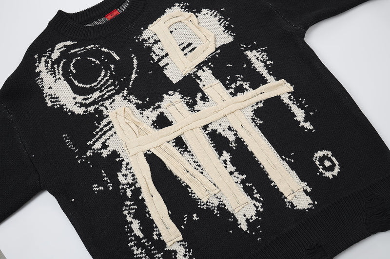 Pull en maille graphique effet usé – Col rond streetwear américain avec appliqué