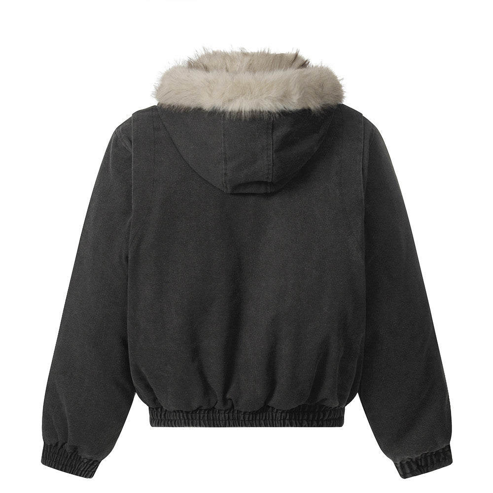 Faux Mink Fur-Trimmed Hooded Padded Jacket – Washed Canvas Bomber