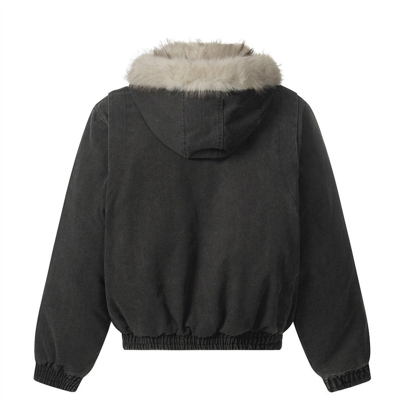 Faux Mink Fur-Trimmed Hooded Padded Jacket – Washed Canvas Bomber