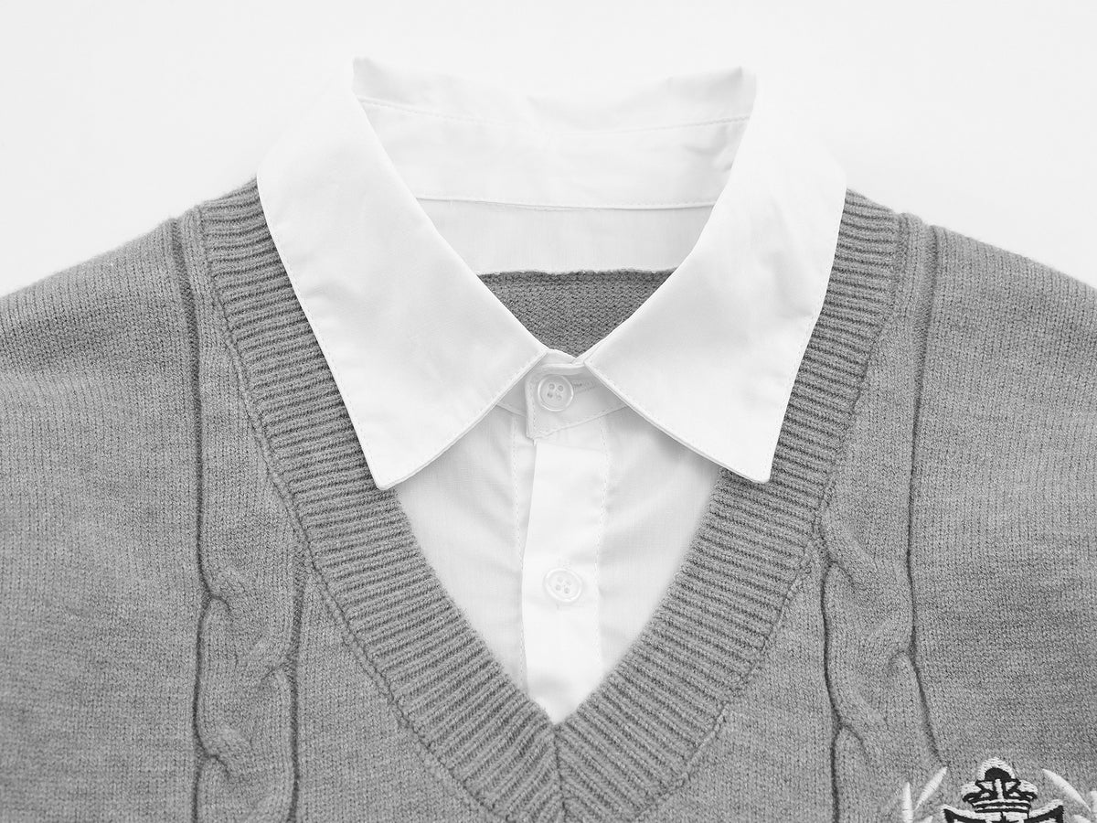Cable Knit Sweater Vest Layered Shirt with Tie – Collegiate Preppy Style