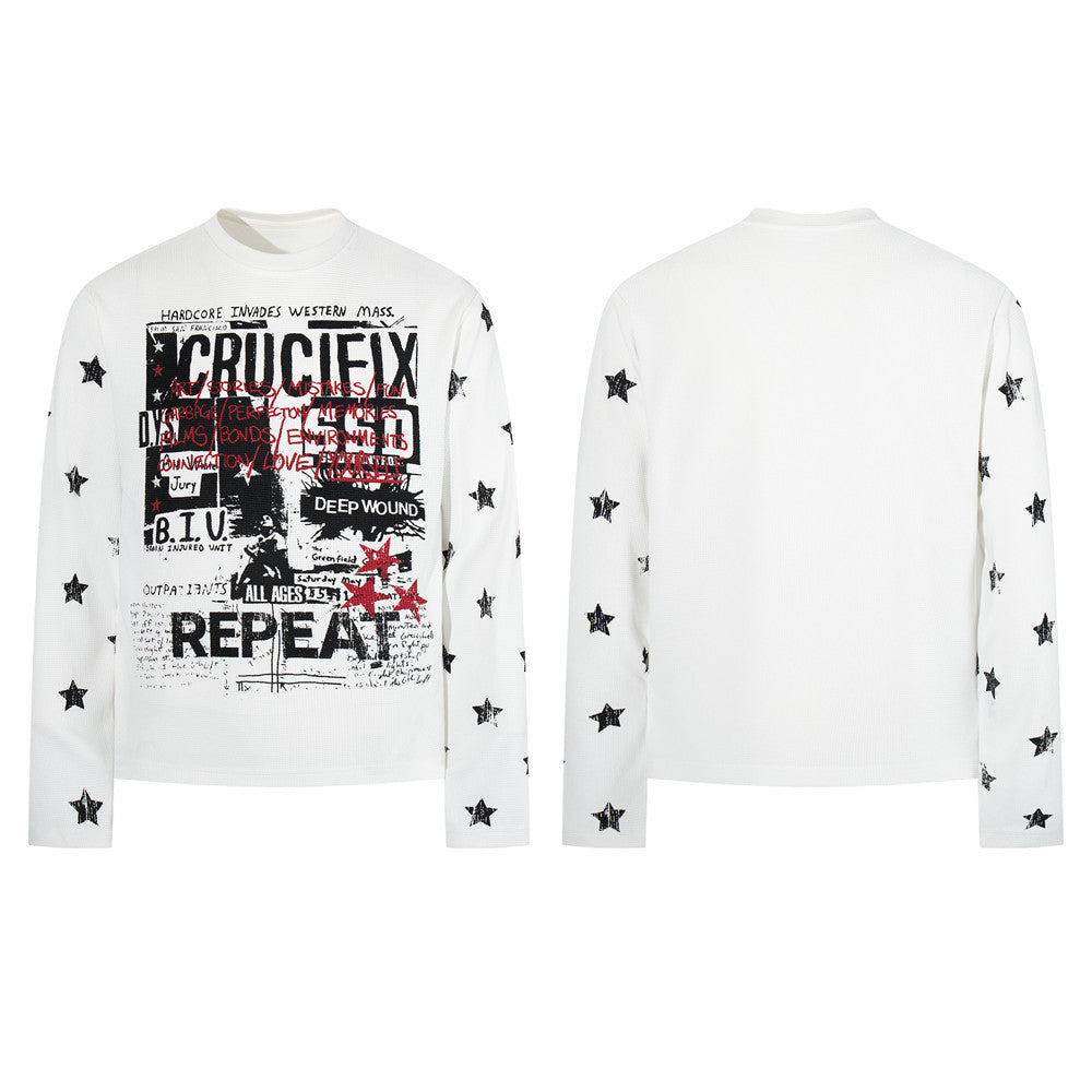 Crucifix Hardcore Graphic Long Sleeve Waffle-Knit Tee – White Star Print