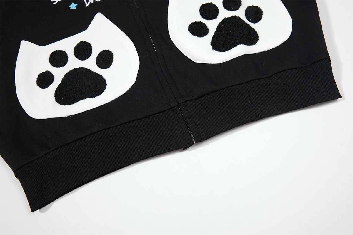 Hoodie zippé à oreilles de chat avec manches raglan étoilées et poches-pattes