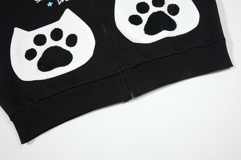 Hoodie zippé à oreilles de chat avec manches raglan étoilées et poches-pattes
