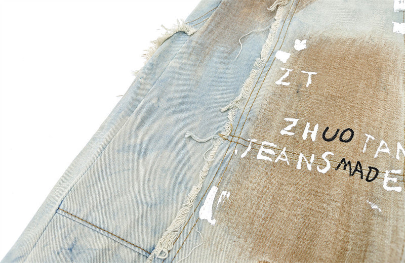 Distressed Graffiti Wide-Leg Jeans – Vintage Washed Ripped Baggy Denim