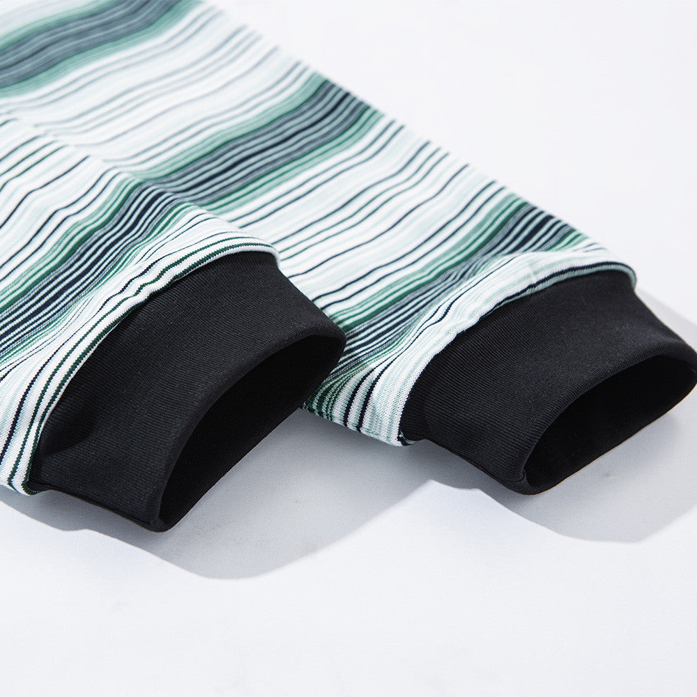 Men Striped Polo Shirt Long Sleeve Oversized Fit with Drawstring Hem