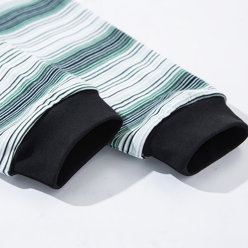 Men Striped Polo Shirt Long Sleeve Oversized Fit with Drawstring Hem
