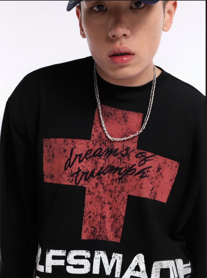 Oversized Long Sleeve T-Shirt with Red Cross & Letter Print, Waffle-Knit