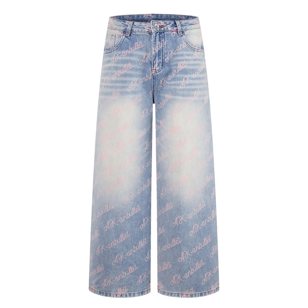 Wide-Leg Jeans with Allover Pink Script Print – Light Blue Washed Denim