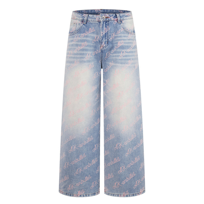 Wide-Leg Jeans with Allover Pink Script Print – Light Blue Washed Denim