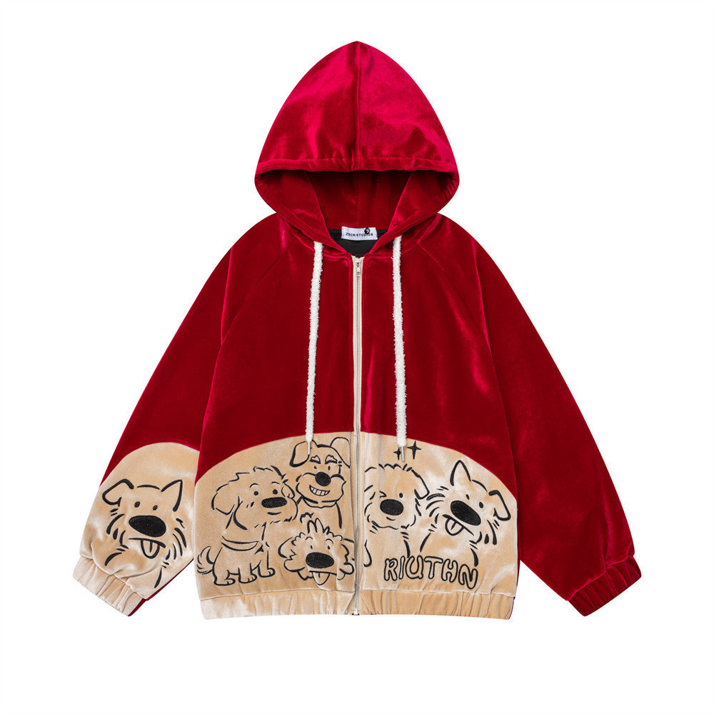 Sudadera con capucha oversize de terciopelo y cremallera, con panel gráfico de perro de dibujos animados en bloques de color rojo, vista frontal