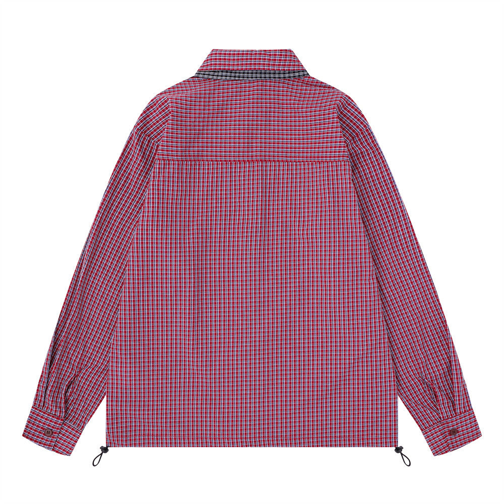 Men's Plaid Long Sleeve Oversized Button-Down Shirt with Drawstring Hem