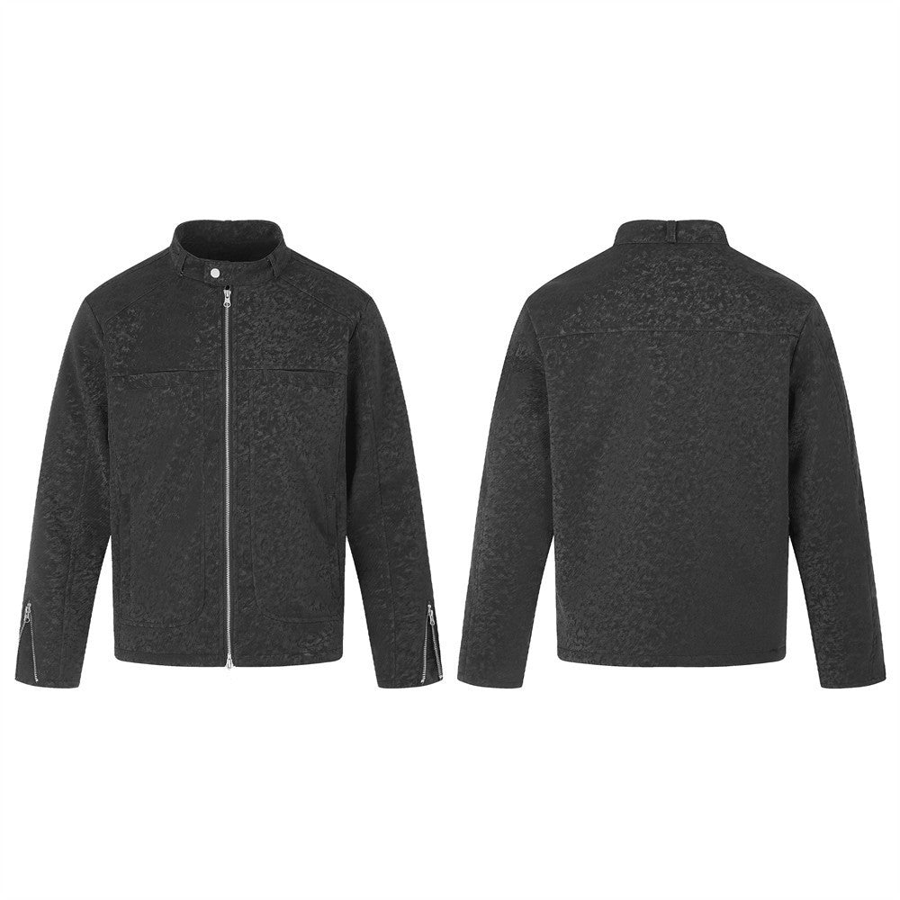Men's Black Stand-Collar Moto Jacket – Textured Zip-Up Biker Coat