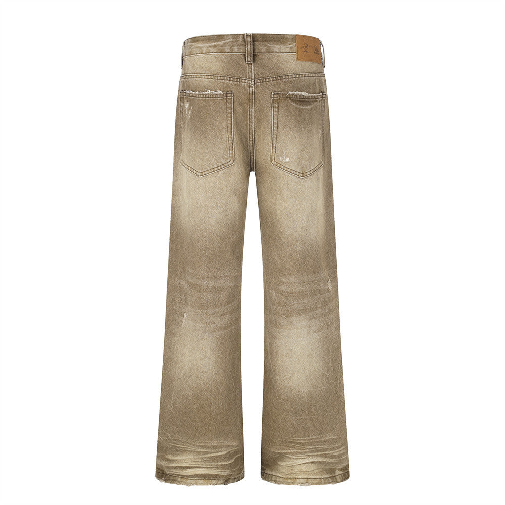 Men's Distressed Wide-Leg Flare Jeans – Vintage Sand-Washed Brown Denim