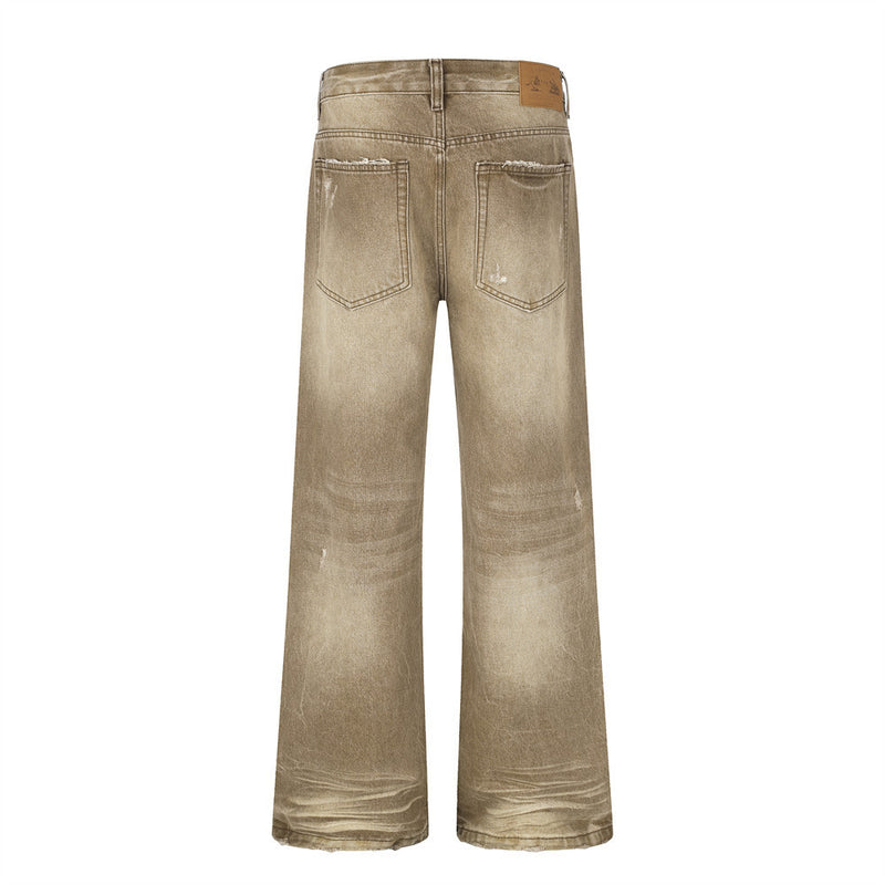 Men's Distressed Wide-Leg Flare Jeans – Vintage Sand-Washed Brown Denim