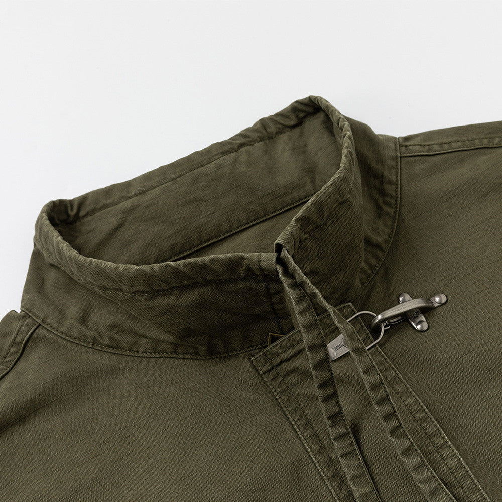 Army Green Stand Collar Metal Clasp Cargo Jacket – Relaxed Cropped Fit