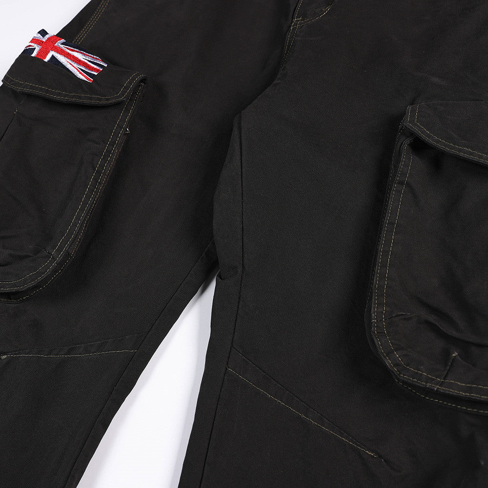 Wide-Leg Cargo Pants with Union Jack Patch and Multi-Pocket Design