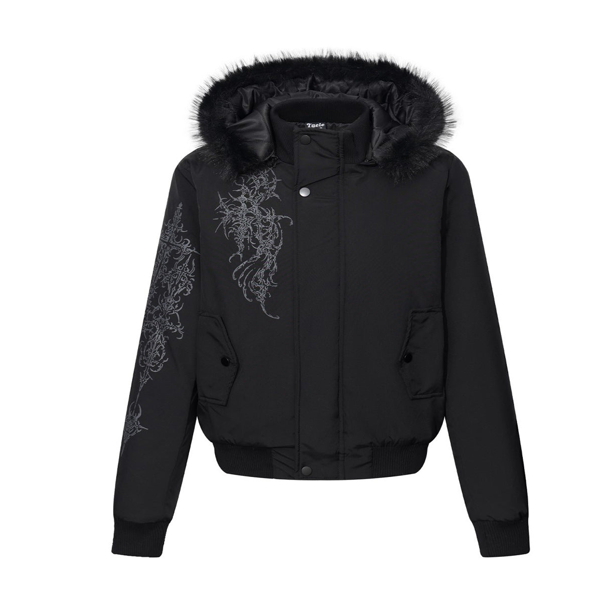 Men's black padded bomber jacket with faux fur-trimmed detachable hood and gothic thorn graphic on chest and left sleeve