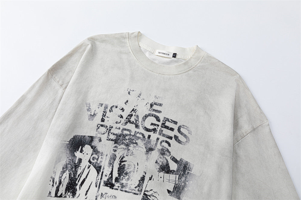 Long Sleeve Graphic Tee – Vintage American Distressed Print Crew Neck T-Shirt