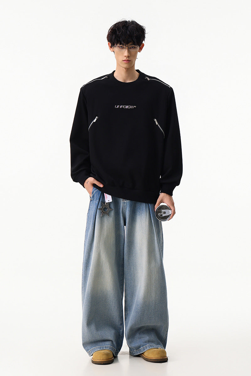Sweat col rond inspiré du style moto avec détail zippé