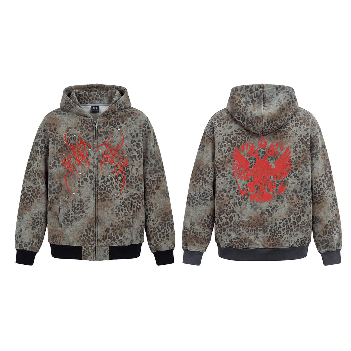 Sudadera con cremallera de estampado de leopardo, alas tribales y gráfico de águila doble