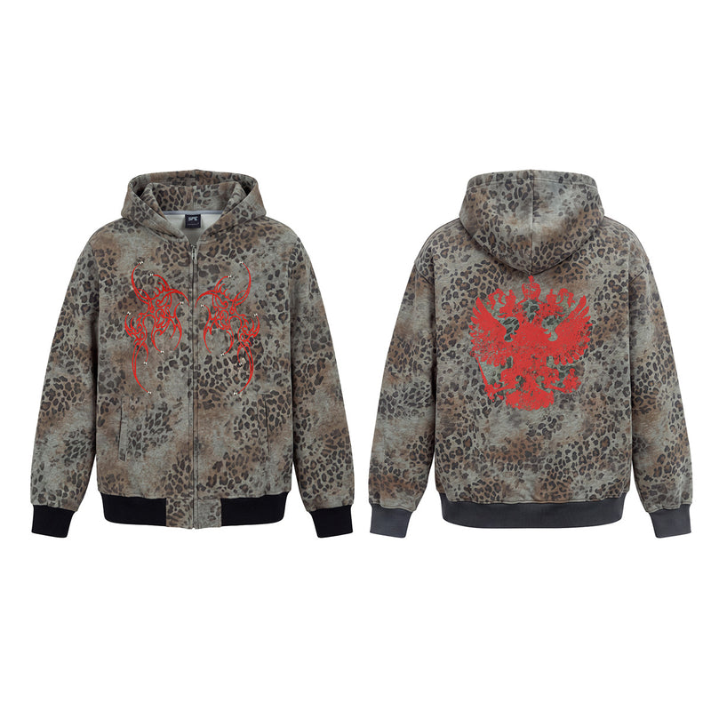 Sudadera con cremallera de estampado de leopardo, alas tribales y gráfico de águila doble