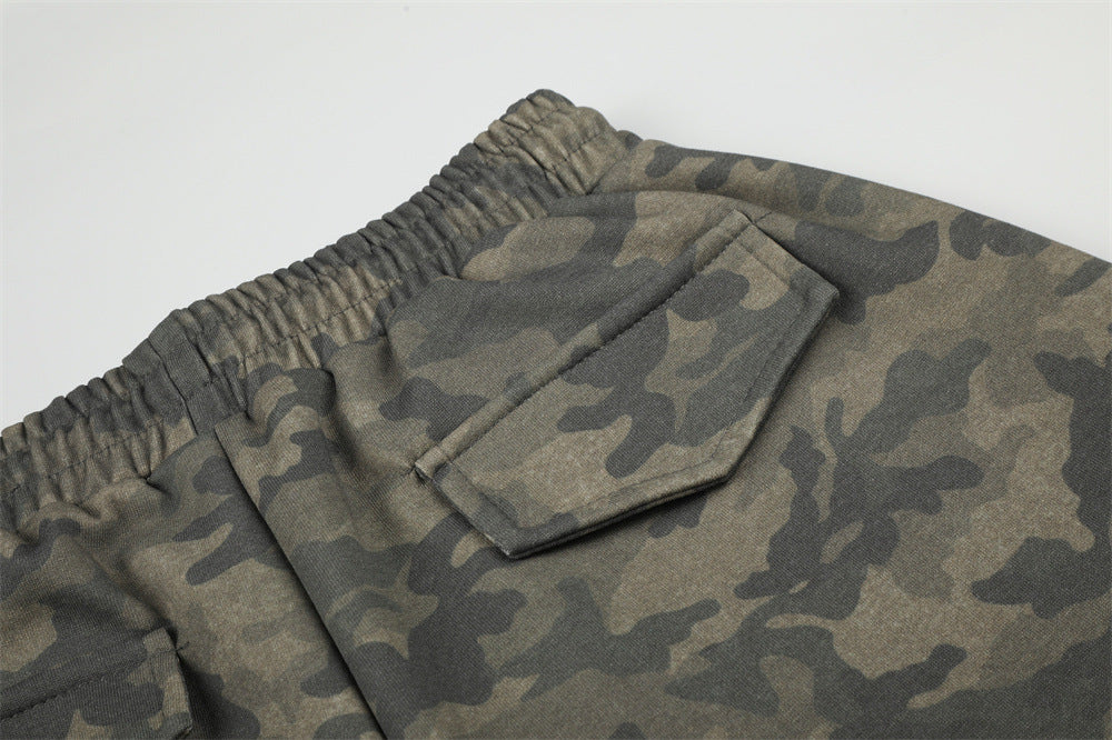 Men's Camo Wide-Leg Cargo Pants with Rhinestone Letters & Multi-Pocket Design