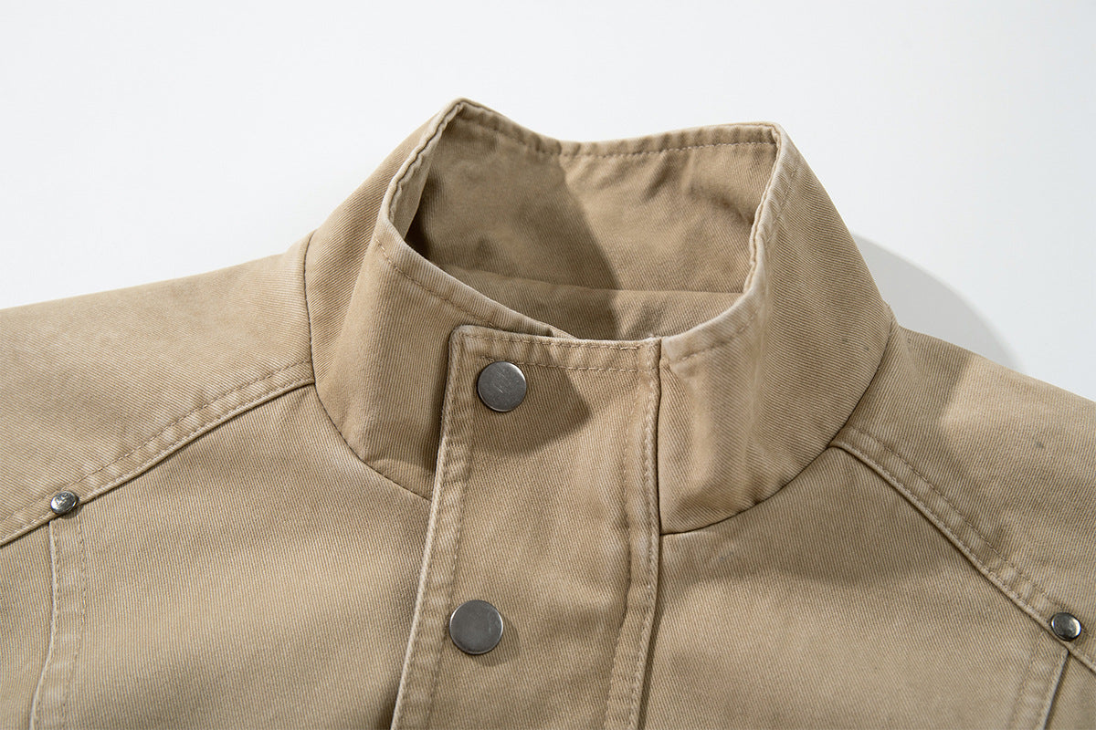 Blouson bomber kaki délavé – Col montant, boutons-pression et poches cargo