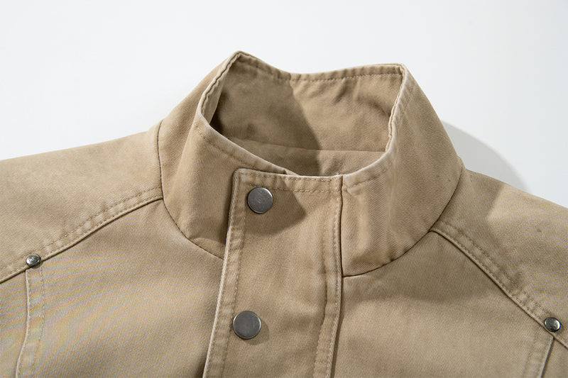 Blouson bomber kaki délavé – Col montant, boutons-pression et poches cargo