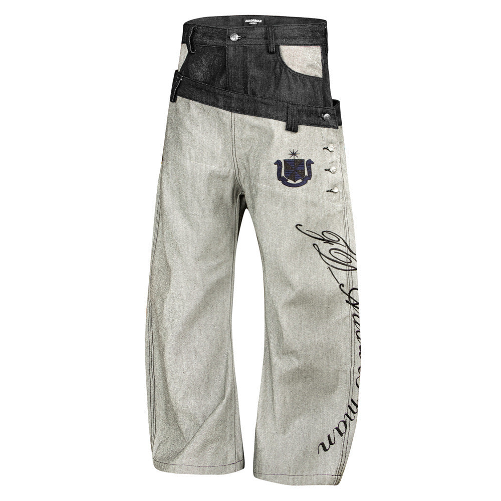 Jean en denim brut à double ceinture et jambes larges – Colorblock diagonal et broderie