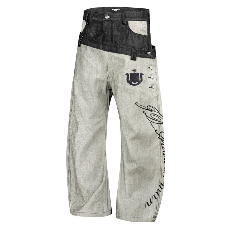 Jean en denim brut à double ceinture et jambes larges – Colorblock diagonal et broderie