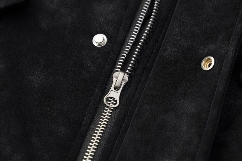 Men's Suede Bomber Jacket with Mongolian Fur Collar, Black Distressed PU Leather