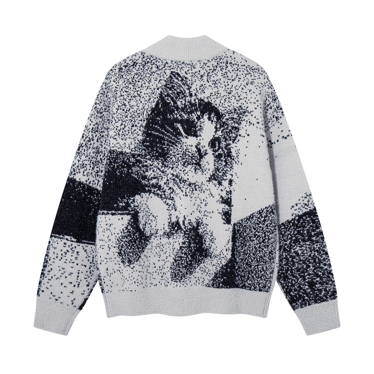 Cat Jacquard Knit Zip-Up Cardigan Sweater – Oversized Pixelated Graphic
