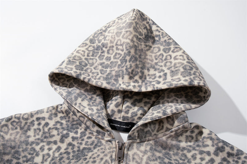 Hoodie zippé à imprimé léopard – Sweat-shirt streetwear oversize délavé