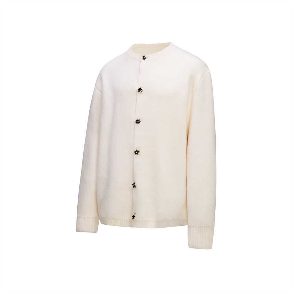 Men's Crewneck Knit Cardigan Sweater with Floral Buttons