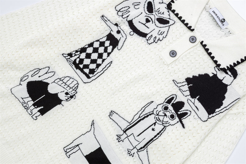 Jersey de Punto Jacquard con Perros Cartoon – Oversize, Cuello Polo y Manga Larga
