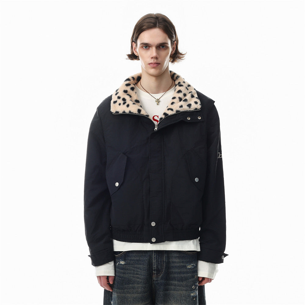 Reversible Stand-Collar Jacket Men's Dalmatian Faux Fur & Nylon Oversized Bomber